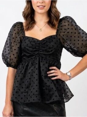 Molly Green Black Dotted Swiss Puff Sleeve Smocked Empire Waist Peplum Top Small